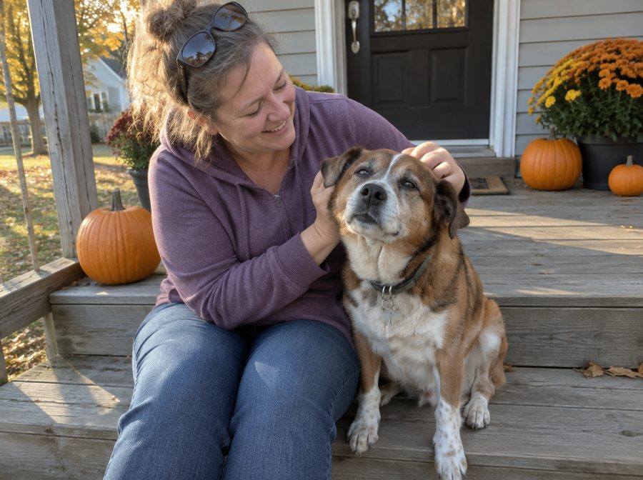 Woman on her porch steps petting her grey-muzzled mixed-breed rescue dog