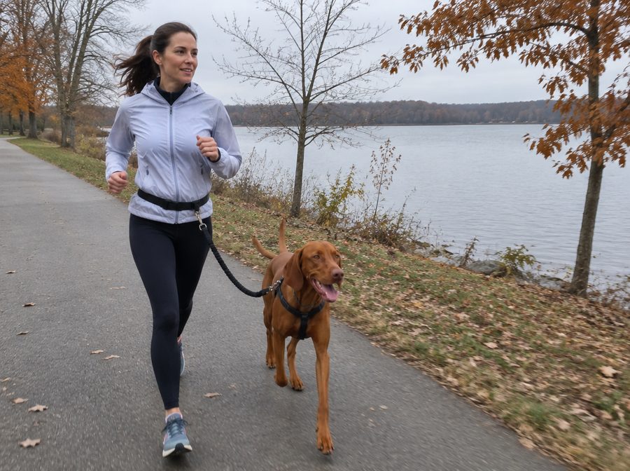 Woman jogging on a lakeside path with her Vizsla on a hands-free leash