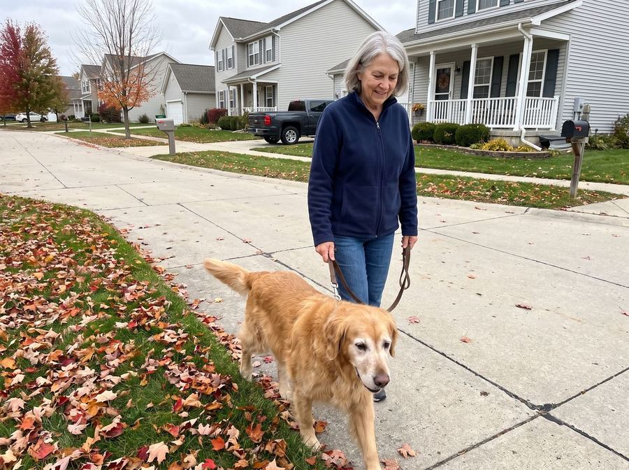 Woman walking her senior Golden Retriever on a suburban sidewalk