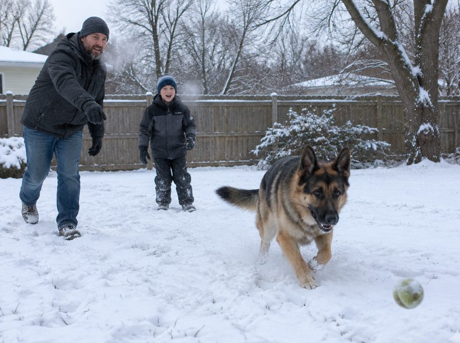 Father and son playing fetch in the snow with their German Shepherd
